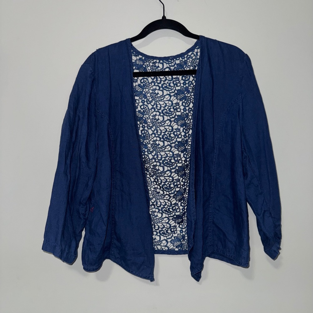 Chicos Blue Linen Open Front Cardigan Crochet‎ Lace Back 3/4 Sleeve Jacket